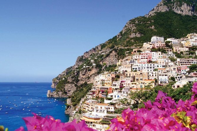 Amalfi Coast shoreline with flowers. Naples, Italy.